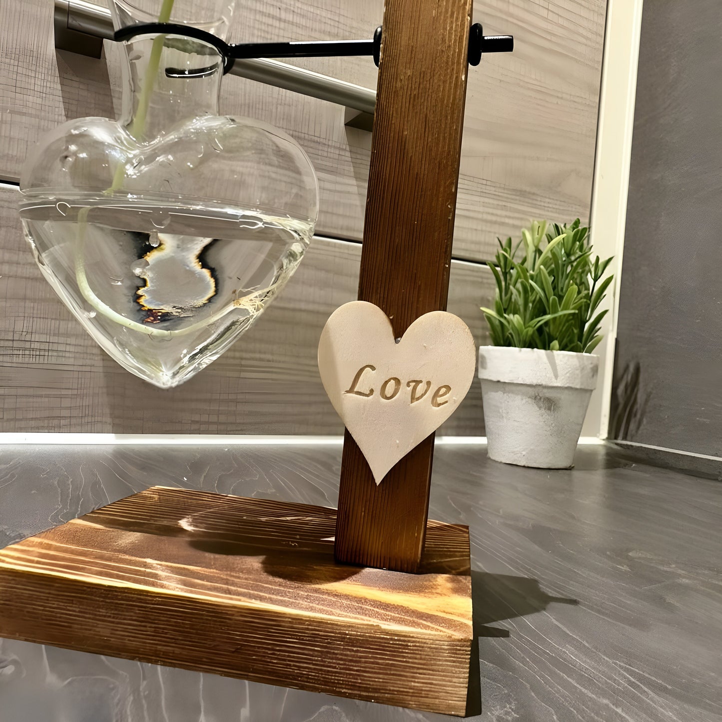 Hydroponic Plant Vase - Heart Shaped Valentines Vases Plant Cuttings Vase Wooden Stand Propagation Station Glass Desk Hydroponic System