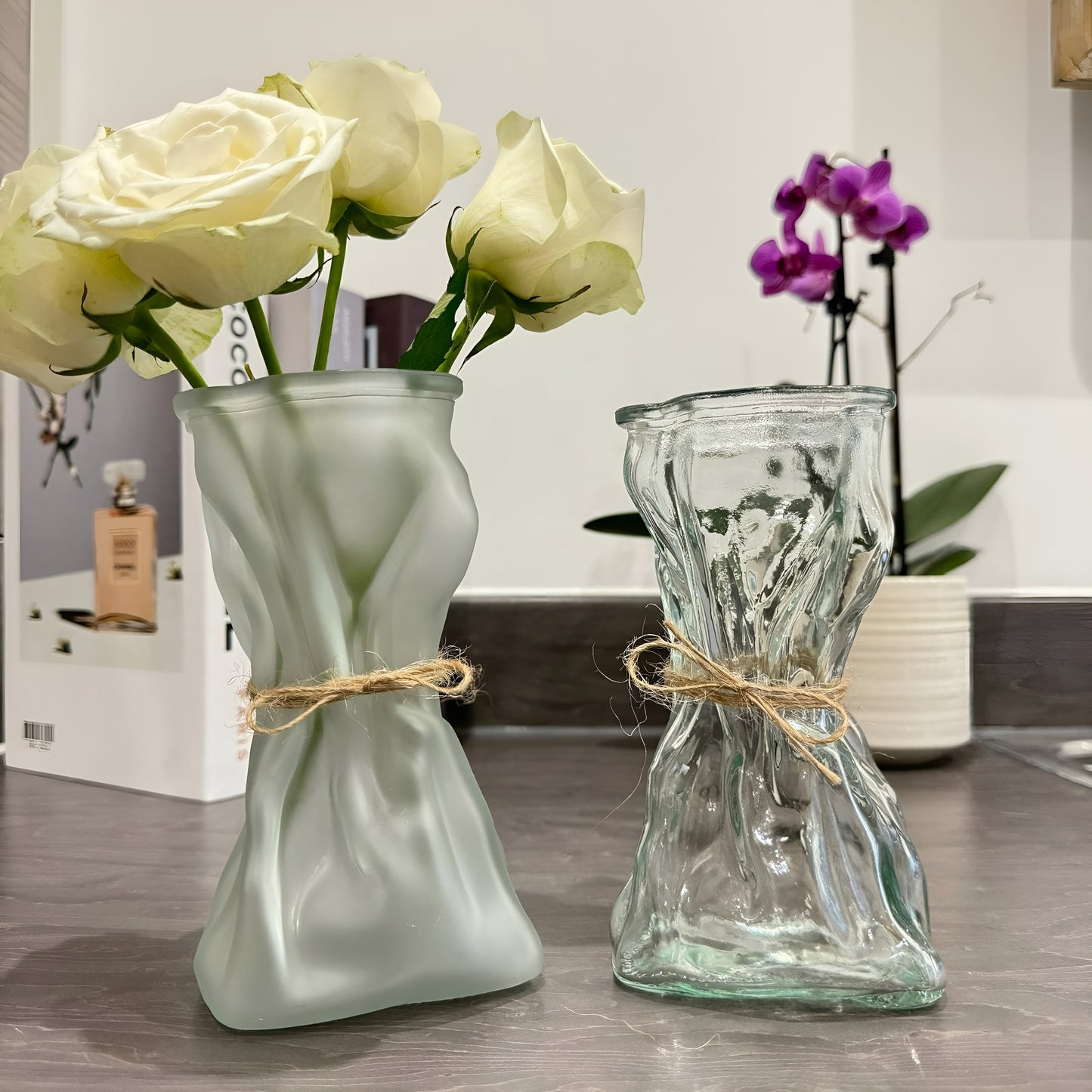 Glass Paper Bag Vase, Transparent Nordic Glassvase Bag Shape Home Flower Pot Decorer Vase Cute  Decorative Vases